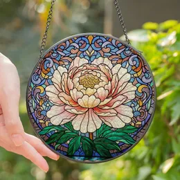 Women's Intricate Tiffany Stained Glass Peony Bloom Jewel Tone Pink Peach Green Botanical Mosaic Stained Glass Suncatcher
