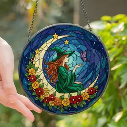 Fantasy Art Enthusiasts' Vibrant Tiffany Stained Glass Celestial Maiden Crescent Moon Mystical Night Art Stained Glass Suncatcher