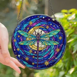 Cosmic Art Lovers' Tiffany Stained Glass Dragonfly Crescent Moon Nebula Teal Purple Gold Stained Glass Suncatcher