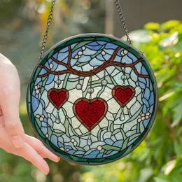 Art Lovers' Intricate Tiffany Style Ruby Red Hearts Copper Branch Jewel Tone Geometric Mosaic Floral Pattern Stained Glass Suncatcher