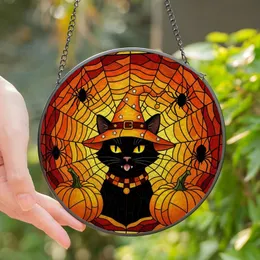 Halloween Lovers' Tiffany Stained Glass Black Cat Orange Witch Hat Pumpkins Web Mosaic Stained Glass Suncatcher