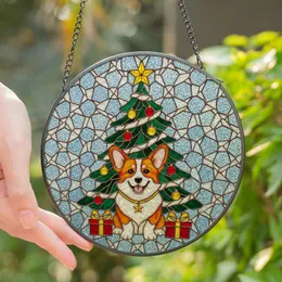 Corgi Lovers' Happy Pembroke Corgi Christmas Tree Stained Glass Mosaic Emerald Ruby Golden Amber Stained Glass Suncatcher