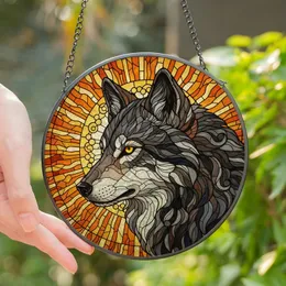 Wildlife Enthusiasts' Stained Glass Wolf Profile Radiant Sun Mosaic Grey Orange Yellow Stained Glass Suncatcher