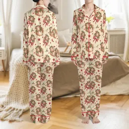 Women's Whimsical Highland Cow Christmas Sleep Set: Rustic Coquette Buffalo Plaid & Holly Pattern Satin Pajamas Set