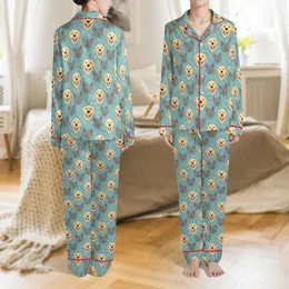 Pet Lovers' Expressive Grey Cat Yellow Eye & Golden Retriever Dog Face Teal Pattern with Subtle Leaf & Paw Prints Satin Pajamas Set Satin Pajamas Set