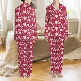 Girls' Vibrant Red Playful Pastel Pink Heart Scattered Pattern with White Script Lines Satin Pajamas Set Satin Pajamas Set