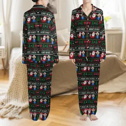 Festive Couples' Ugly Sweater Knit Christmas Pattern: Winking Santa, Surprised Mrs. Claus, Red Hearts, Green Trees, "Naughty or Nice?" Satin Pajamas Set Satin Pajamas Set