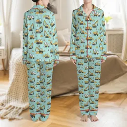 Kids' Aqua Blue Cartoon Construction Site Yellow Trucks & Orange Cones Pattern Satin Pajamas Set Satin Pajamas Set