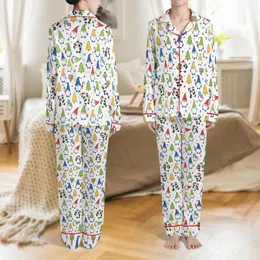 Family Whimsical Festive Gnome Panda Seamless Pattern with Red Blue Green Yellow Orange Elements on White Satin Pajamas Set Satin Pajamas Set