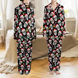 Family Matching Black Sugar Skull Santa Hat & Floral Candy Cane Loungewear Set Satin Pajamas Set