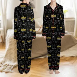 Custom Grandpa Pajama Pants: Black & White Doodle Kids Names with Yellow Stars & Red Hearts Satin Pajamas Set
