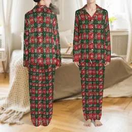 Festive Winter Charm: Seamless Red Green Plaid, Hand-Drawn Snowflakes, Berries & Joyful Text Pattern Satin Pajamas Set