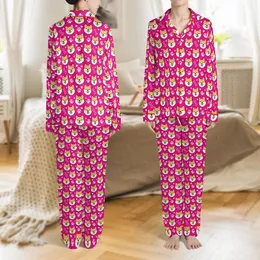 Unisex Custom Pet Lover Pajamas: Shiba Inu Face & Paw Print Magenta All-Over Design Satin Pajamas Set