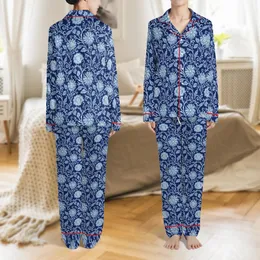 Family & Friends Indigo Block Print Floral Cotton Sleepwear Ensemble - Hand-Drawn Botanical Pattern Satin Pajamas Set