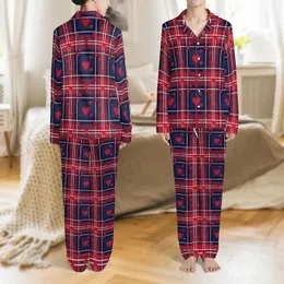 Personalized Couple's Deep Red Navy Plaid Heart Crown Flannel Sleep Set Satin Pajamas Set