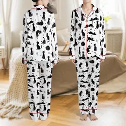 Matching Couples Cotton Pajama Set: Whimsical Black Cats & Yarn Print on White Satin Pajamas Set