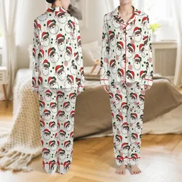 Black Santa Pajamas: Hand-Drawn Cartoon Heads, Holly & Polka Dot Cream Print Sleep Set Satin Pajamas Set