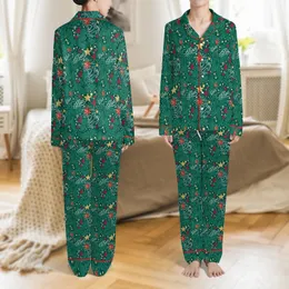 Family Personalized Satin Christmas Pajamas - Burgundy Green Evergreen Holly Berry Custom Name Satin Pajamas Set