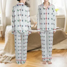 Women's Washed Linen Christmas Loungewear: Fair Isle Geometric Reindeer & Snowflakes Set Satin Pajamas Set