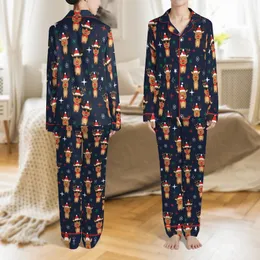 Family Matching Christmas Pajamas Design: Cheerful Reindeer with Santa Hats & String Lights Satin Pajamas Set