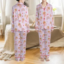 Personalized Pet Lover Pajamas: Fluffy Golden Dog, Pink Dress, Rainbow Heart Satin Set Satin Pajamas Set