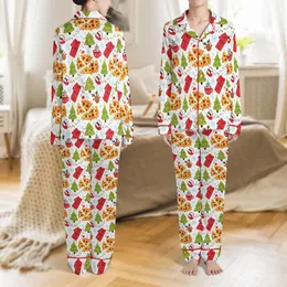 Whimsical Pizza Christmas: Hand-Drawn Holiday Food Pattern with Reindeer & Cocoa Print Satin Pajamas Set