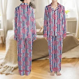 Women's Hand Block Printed Cotton Pajama Set: Navy Stripe & Pink Floral Motif Satin Pajamas Set