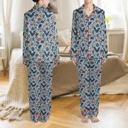 Seamless Batik Artwork: Stylized Bat Lotus Vine Repeat Pattern - Muted Indigo Design Satin Pajamas Set