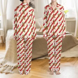 Whimsical Holiday Design: Cream Candy Cane Stripe Reindeer Santa Gingerbread All-Over Print Satin Pajamas Set