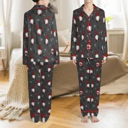 Whimsical Gnome Fan: Buffalo Plaid Gnomes, Snowflakes & Evergreen Dark Charcoal Allover Print Satin Pajamas Set