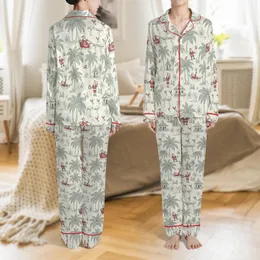 Vintage Tropical Christmas Design Pattern: Santa Flamingo Reindeer Beach Palm Toile Engraving Satin Pajamas Set