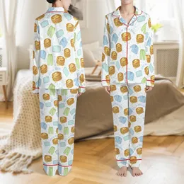 Pancakes & Pajamas Theme: Whimsical Golden Breakfast & Cozy Blue Green Pattern Pajamas Satin Pajamas Set