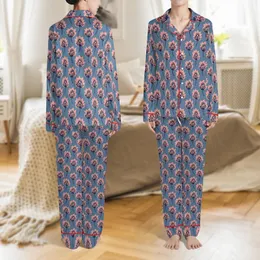 Women's Soft Cotton Pajamas: Dusty Blue Hand Block Print Rose Pink Indigo Floral Motif Satin Pajamas Set