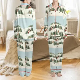 Winter Wonderland Dream: Santa, Deer & Moose Snowy Forest Narrative - Hand-Drawn Storybook Graphic Satin Pajamas Set
