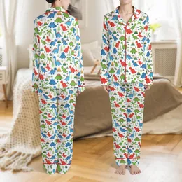 Adults' Playful Dinosaur: Vibrant Cartoon All-Over Print Satin Pajamas Set