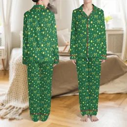 Kids' Cozy Bamboo Viscose Sleepwear: Forest Green Star & Bow Dot Pattern Satin Pajamas Set