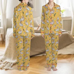 Nature-Inspired Whimsical Bunny Floral Dot Motif in Mustard Yellow, Muted Grey, Red, White, Green – Apparel Design Satin Pajamas Set