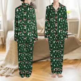 Custom Family Couple Dog Matching Pajamas: Green Plaid Deer Snowflake Monogram Long Sleeve Set Satin Pajamas Set