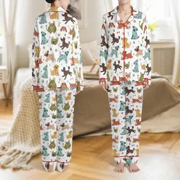 Dog Lover's Whimsical Cartoon Dog Breeds Pattern with Paw Prints & Hearts Wearable Satin Pajamas Set