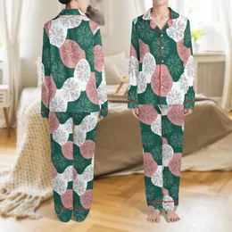 Elegant Botanical Swirl Pattern: Emerald Green, Rose Pink, White Line Art Satin Pajamas Set