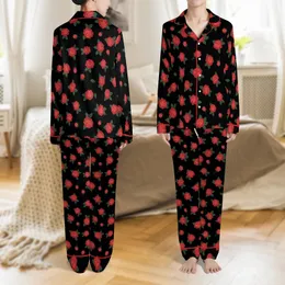 Women's DIY Cozy Pajama Sewing Pattern: Illustrative Red Rose Floral Black Background Design Satin Pajamas Set