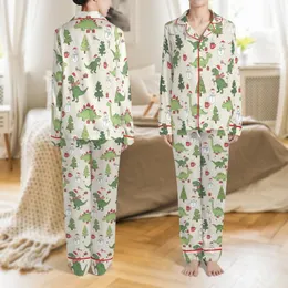 Family Matching Funny T-Rex Santa, Snowmen & Tree Christmas Spandex Sleep Set Satin Pajamas Set