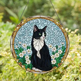 Cat Lovers' Emerald Tuxedo Cat Stained Glass Floral Mosaic Jewel Tone Pattern Stained Glass Suncatcher