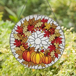 Autumn Art Lovers' Tiffany Stained Glass Three Pumpkins Fall Wreath Jewel Tone Mosaic Stained Glass Suncatcher