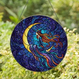 Celestial Fantasy Enthusiasts' Tiffany Stained Glass Witch on Crescent Moon, Cosmic Blue Purple Gold Teal Stained Glass Suncatcher