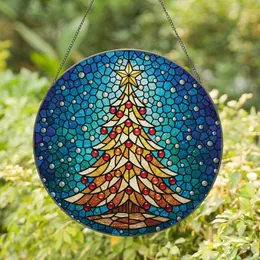 Holiday Enthusiasts' Intricate Stained Glass Christmas Tree Amber Red Ornaments Teal Blue Mosaic Stained Glass Suncatcher