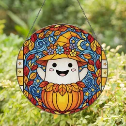 Autumn Lovers' Tiffany Style Stained Glass Ghost & Pumpkin Mosaic with Celestial Foliage Stained Glass Suncatcher