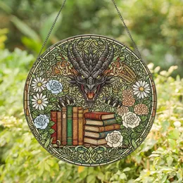 Fantasy Art Lovers' Snarling Dragon Stained Glass, Books & Floral Mosaic in Jewel Tones Stained Glass Suncatcher