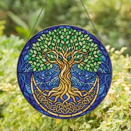 Celtic Art Enthusiasts' Vibrant Stained Glass Tree of Life Golden Amber Green Sapphire Cosmic Knot Mosaic Stained Glass Suncatcher