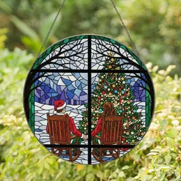 Holiday Lovers' Tiffany Style Stained Glass Christmas Tree Couple Red Green Jewel Tone Mosaic Stained Glass Suncatcher